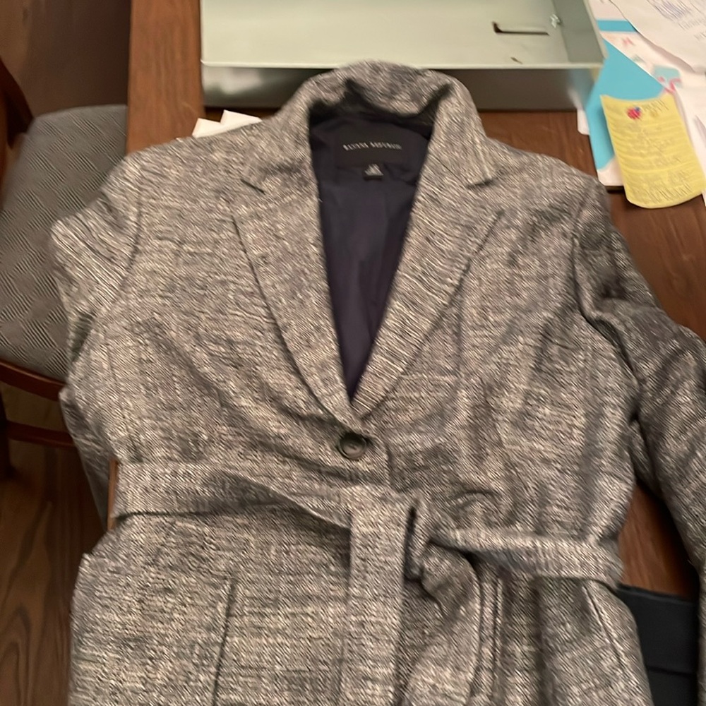 Classic navy tweed short jacket with belt. Worn for work or casual with jeans